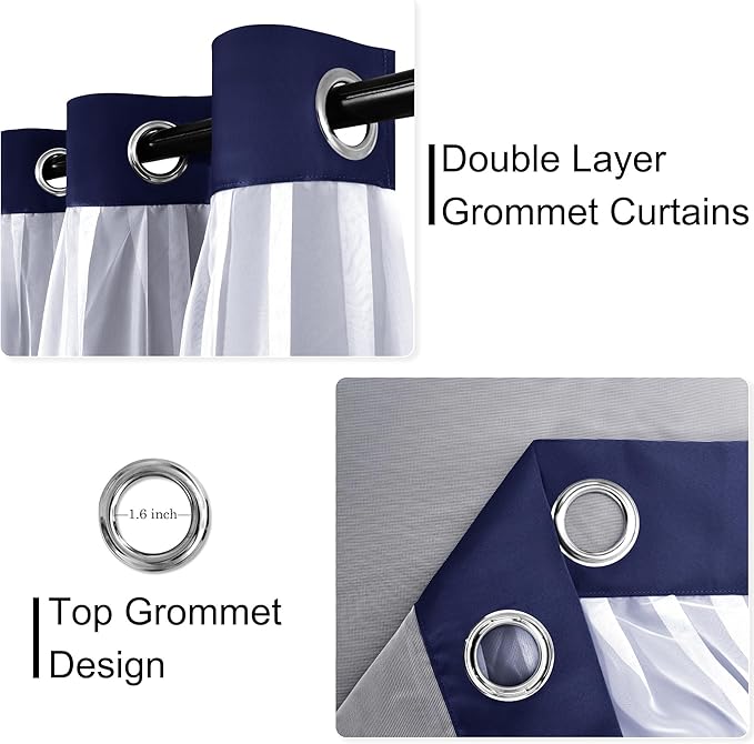 XWZO 100% Blackout Double Layer Curtains, Blackout Curtains with Sheer Overlay for Living Room, Bedroom, Grommet Thermal Insulated Privacy Curtains with Tiebacks, 2 Panels, 52x96, Navy Blue