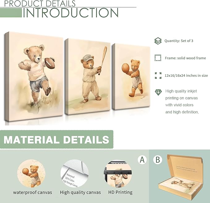 Bear Rugby Sports Nursery Canvas Wall Art Set of 3 - Cute Vintage Baby Bear Pictures Paintings Poster Prints, Nursery Animal Wall Decor for Children Bedroom Boy Room Decoration 16x24 inch Framed