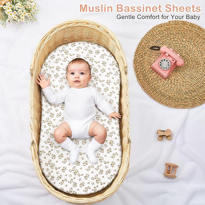 Basumee Muslin Bassinet Sheets for Baby Girl Boy 2 Pack Soft Breathable Baby Bedside Bassinet Fitted Sheets with Bottom Elastic Band 33''x17''x4'' Mattress Cover for Rectangle Oval Hourglass Bassinets