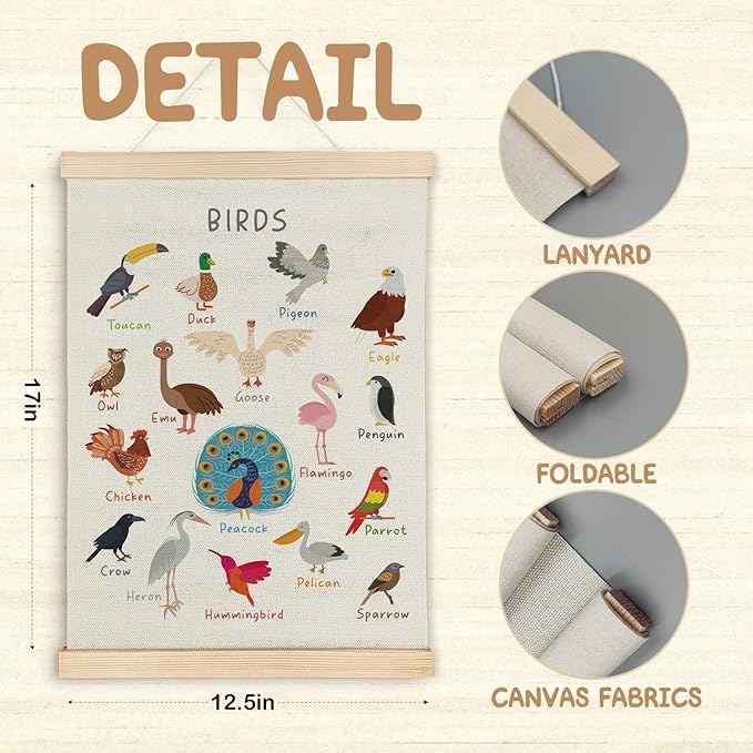 SereneHanctuary Bird Wall Art, Boho Educational Nursery Wall Decor, Birds Animal Poster Hanger Frame for Toddler Kids Room Bedroom Nursery Playroom Classroom Decor,12x16 Inches