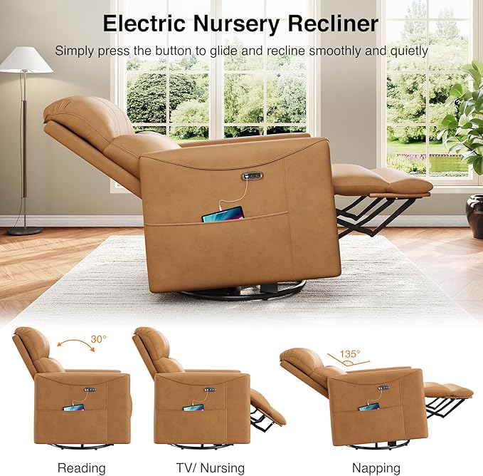 Power Swivel Rocker Recliner, 360° Swivel Nursery Rocking Chair, PU Leather Glider Rocking Recliner, Infinite Position Electric Chair for Adults with USB Port for Living Room, Amber Yellow