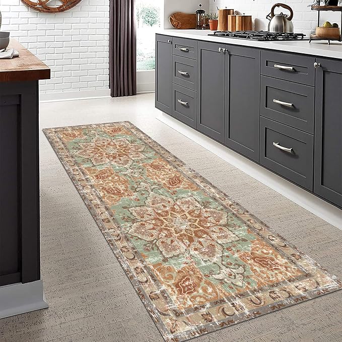 Vhong Washable Vintage Area Rugs Boho Neutral Modern Small Carpet 2x6 Brick Non Slip Runners for Kitchen Laundry Bedroom Living Room