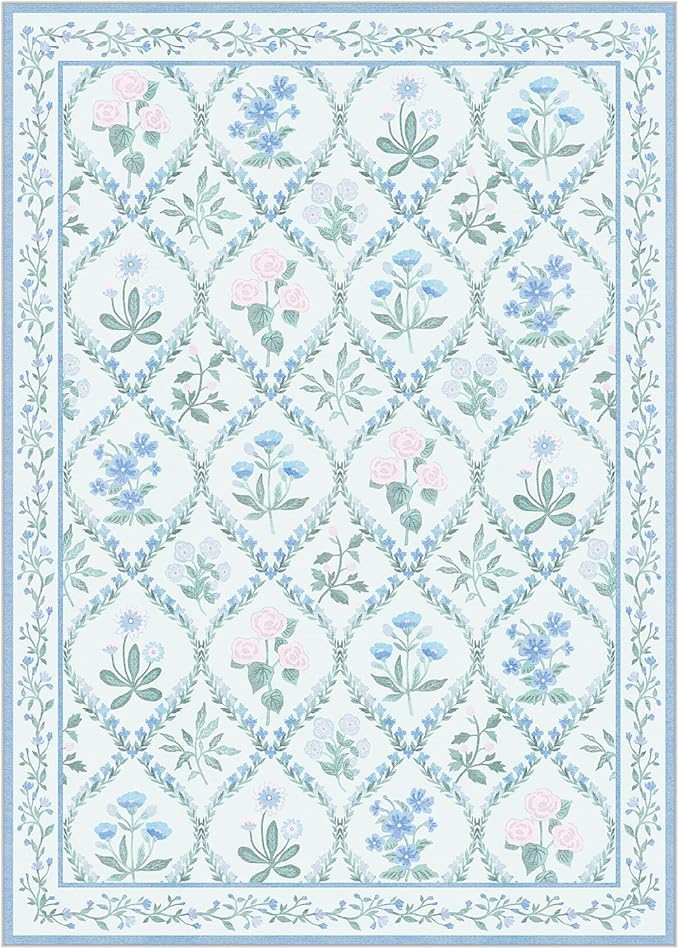 Blue Nursery Rug for Baby Girl, 5x7 Washable Boho Floral Area Rug for Living Room, Cute Ultra-Thin Non Slip Indoor Girls Room Decor Carpet for Nursery Kids Room Bedroom Playroom Dorm