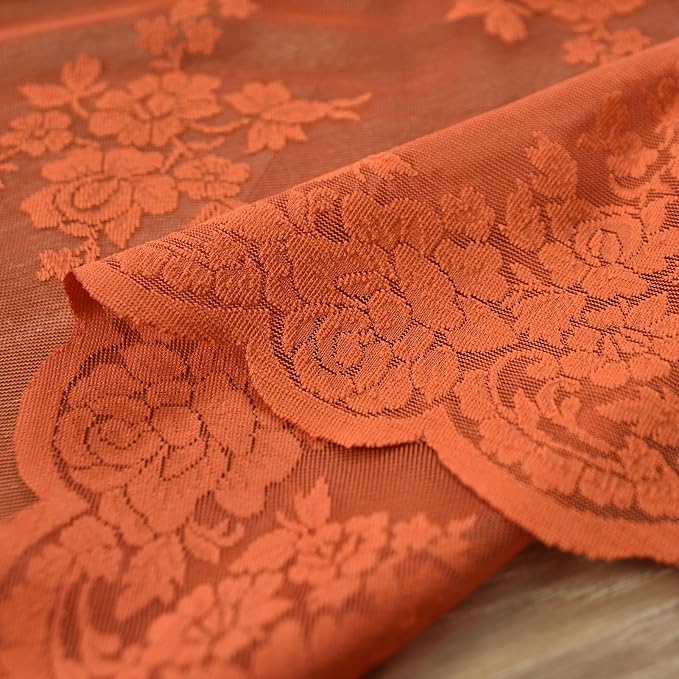 Kotile Burnt Orange Sheer Curtains 63 Inch Length 2 Panels, Country Rustic Lace Floral Fall Curtains for Girls Bedroom, Rod Pocket Privacy Sheer Lace Curtains, 42 x 63 Inch Each, 1 Pair, Burnt Orange