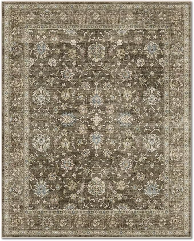 Washable 8x10 Area Rugs for Living Room, Boho Non-Slip Vintage Distress Large Rugs for Bedroom Dining Room Nursery Office, 0.3" Neutral Oriental Throw Thin Carpet, Tan/Flaxen/Multi