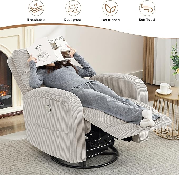 Swivel Rocker Recliner, Swivel Nursery Glider Recliner, Manual Rocking Recliner Chairs with Pockets and Large Arms for Living Room,Corduroy Camel