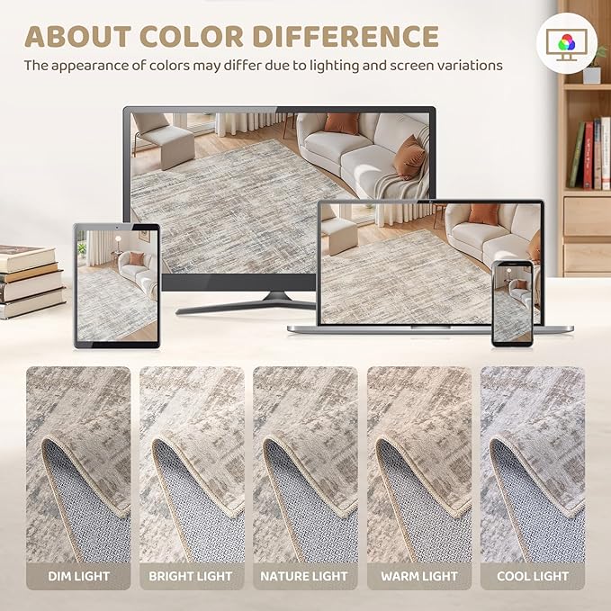 Area Rug for Living Room: 10x12 Washable Neutral Abstract Modern Soft Rugs Non Slip Indoor Floor Stain Resistant Large Carpet for Bedroom Dining Room Office Nursery - Brown