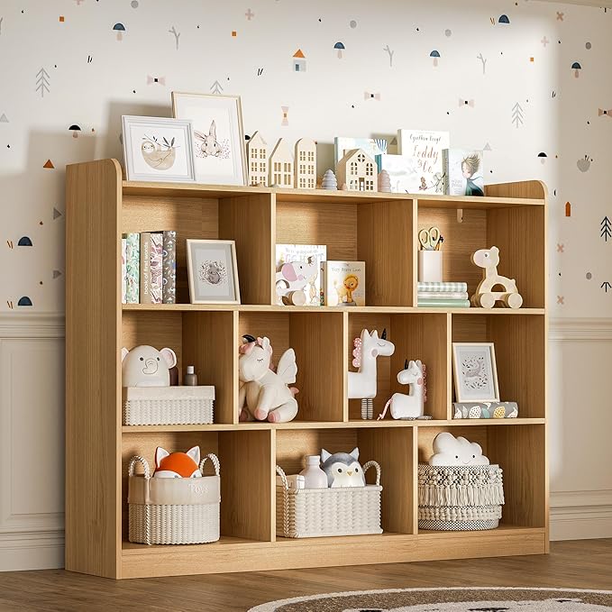 Oak Bookshelf, Wood Bookcase with 3 Tier Open Shelves, 10-Cube Minimalist Storage Shelf for Living Room, Bedroom, 43.3" W x 35.4" H