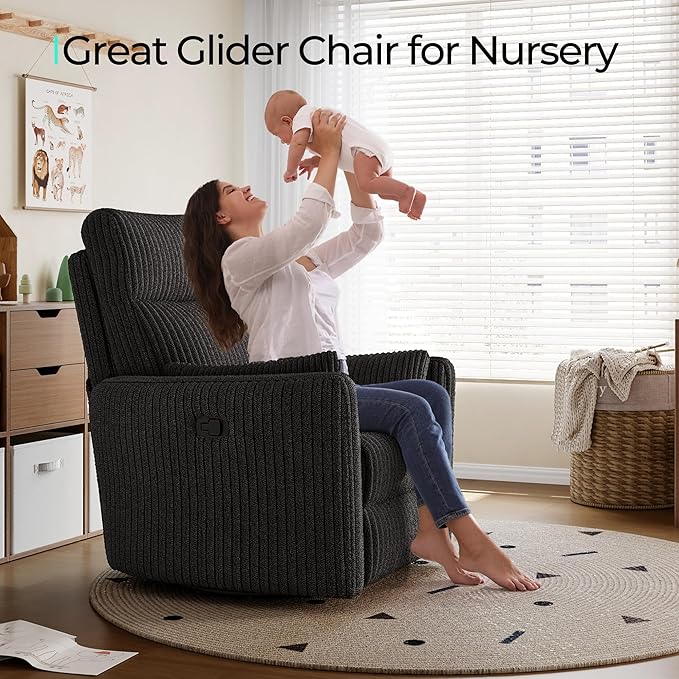 LINSY HOME 360 Swivel Nursery Rocking Chair with 2 Pillows, Corduroy High Back Adult Recliner for Small Spaces, Nursery Glider Rocker Chair, Bedroom Living Room Reclining Chairs (Black)