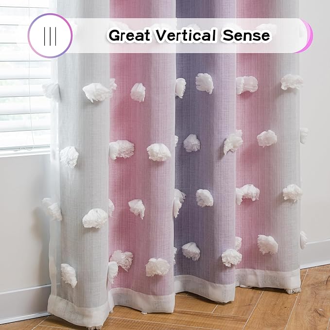 MYSKY HOME Pink Purple Curtains for Girls Bedroom - 54 Inch Long White Pom Pom Sheer Small Double Layer Grommet Room Darkening Nursery Curtains, 52 X 54 in