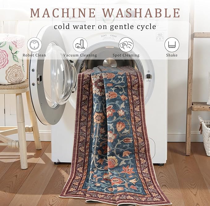 Anidaroel Floral Living Room Rugs 5x7, Washable Large Area Rugs for Bedroom Non Slip Soft Rug, Low Pile Stain-Resistant Dining Room Mat Boho Carpet for Farmhouse Home Office Dorm, Blue&Red