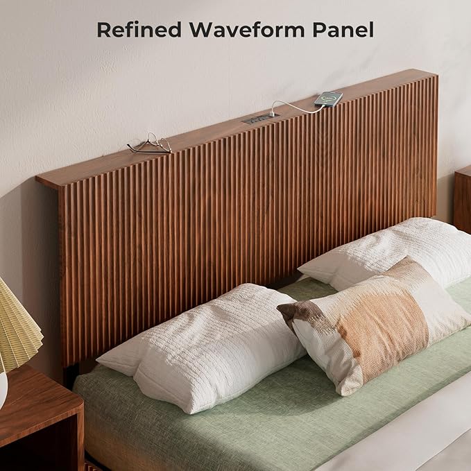 Evermagin Walnut Queen Floating Bed Frame with Headboard, Mid Century Modern Fluted Platform Bed with LED Lights, Heavy Duty Floating Bedframe with Charging Station, No Box Spring Needed
