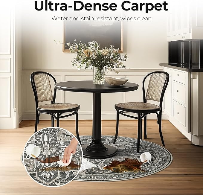 WITSHOCK Area Rug Round Rugs, 4Ft Oriental Circle Area Rugs for Living Room Machine Washable Non Slip Stain Backing Rug Soft Foldable, Vintage Rugs Home Office Kitchen Hallway Bedroom, Bitter Black