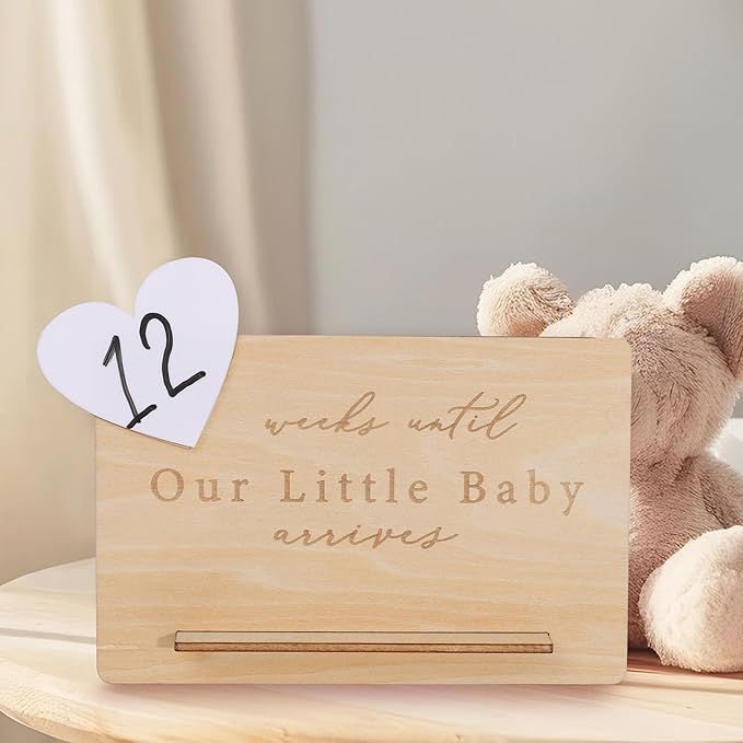 Baby Arrival Countdown Wooden Board - Weeks Until Our Little Baby Arrives Sign,Pregnancy Countdown Dry Erase Board,Newborn Birth Calendar Sign,Mom-to-Be Party Centerpieces Photo Props