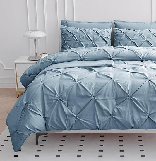 LANE LINEN Bedding Comforter Set Full Size, 7 Piece Full Size Bed in a Bag Set, Soft Bedding Sets Full Size, Pintuck Full Bed Set, Full Comforter Sets with Sheets, Pillowcases & Shams - French Blue