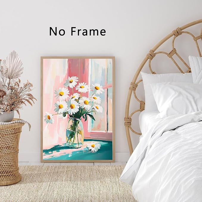 Rustic Farmhouse Floral Canvas Wall Art Flower Still Life Prints Flower In Vase Painting Modern Floral Canvas Daisy Painting White Daisy Picture Aesthetic Flowers Poster 16x24inch No Frame