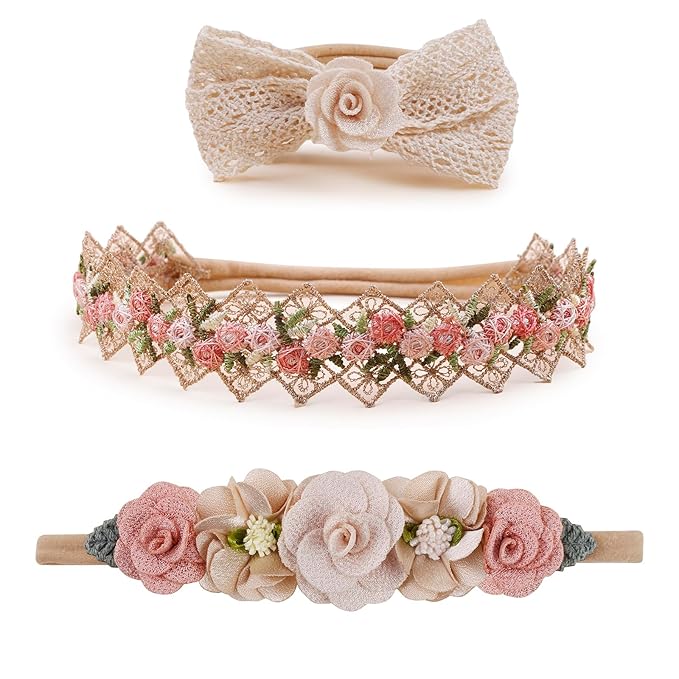 Baby Girl Floral Headbands- 3pcs Nylon Headband Handmade Flower Crown Elastic Hairband Newborn Toddler Hair Accessories Gifts for Girls （1-6 years old）