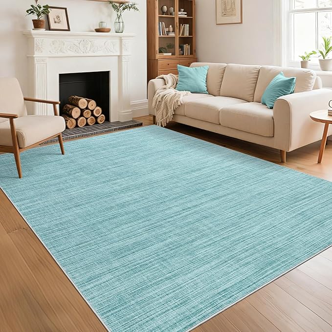 5x7 Washable Rugs Non Slip Minimalist Area Rug for Bedroom Soft Low Pile Solid Color Large Bedroom Throw Carpet Stain Resistant Classic Neutral Area Rug Plain Boho Rugs for Kitchen Nursery, Blue