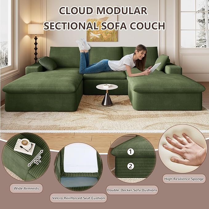 107" Cloud Modular Sectional Sofa with 1 Ottoman, Modern Upholstered Corduroy Couches, Comfort U Shaped Sofa for Living Room, Deep Seat Boneless Couch, No Assembly Required(Green,Left Facing Chaise)