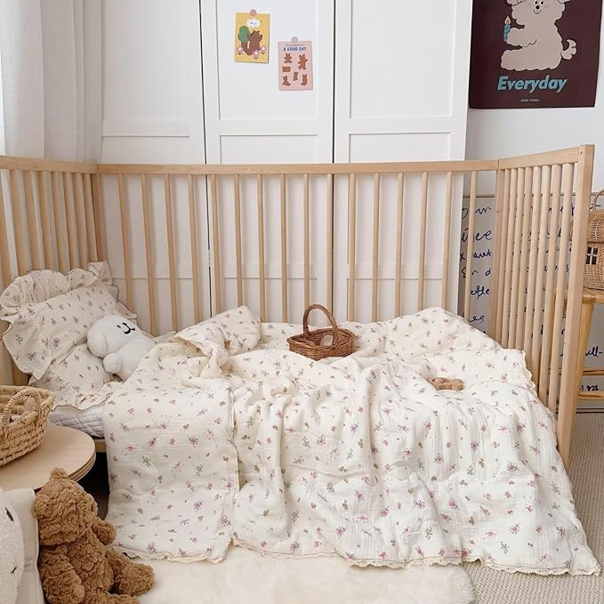 BuLuTu Pink Floral Kids Blanket for Todder/Twin Bed Muslin Cotton Comforter for Girls Boys, Soft Breathable Quilted Blanket Cute Sheep Pattern Toddler Quilt for All Seasons, 60x78 Inches