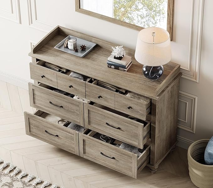WAMPAT Grey Baby Dresser with 6 Drawers for Kids Room, Wooden Kids Dressers Double Dresser for Bedroom, Rustic Chest of Drawers Storage Dressers Organizer for Nursery, 47 Inch