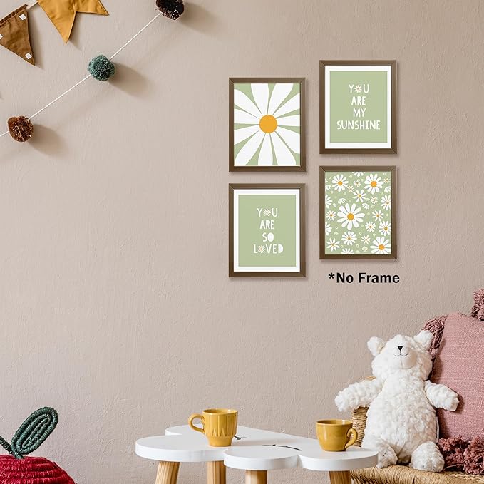 AEHIE Boho Daisy Flower Decor Print, 'You Are My Sunshine' Poster for Baby Girls Room Nursery, Bohemian Spring Aesthetic Floral Wall Art, 4pcs