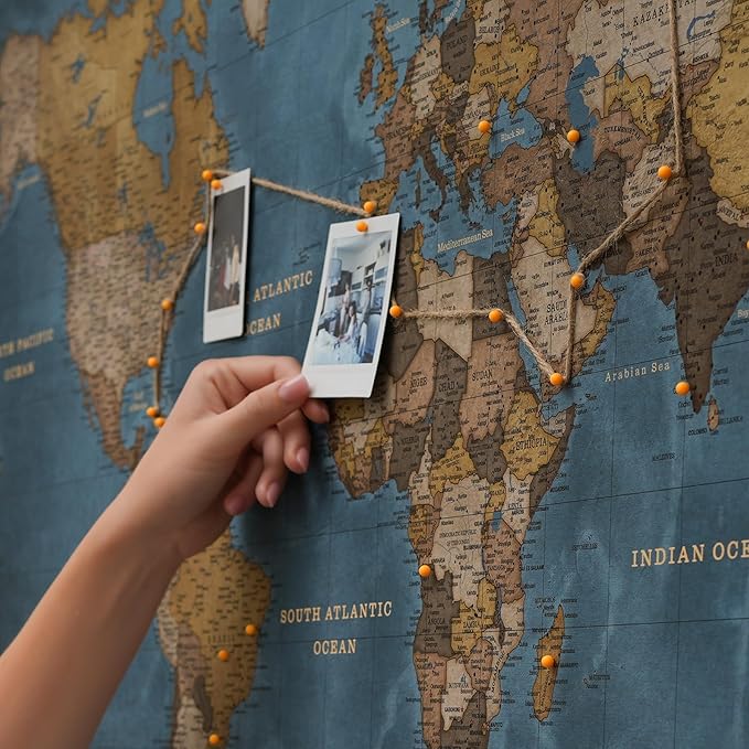 Canvas World Map with Cork Pin Board - English Lettering - Decorative Wall Decoration for All Rooms - Canvas Pictures with World Map Motif (120x80 cm, Pattern 13)