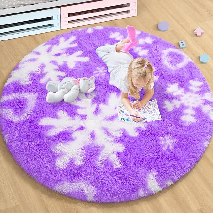 EVOIONOS Round Purple Rugs for Girl Bedroom, 4x4 Feet Fluffy Circle Purple Snowflake Rug for Room Decor, Circular Plush Snowflake Carpet for Kids Room Playroom Nursery Decor, Cute Snowflake Rug