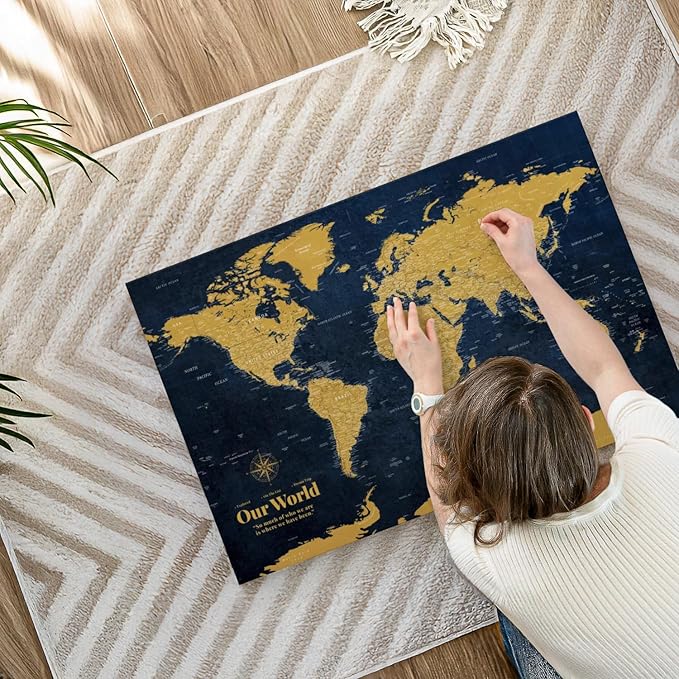 ElephantStock - Personalized Push Pin World Map - Gold Wall Art - Horizontal Canvas Wall Art - Living Room Wall Decor - Digital Art Map Canvas Art - Orange And Blue Decor - 36" x 24"