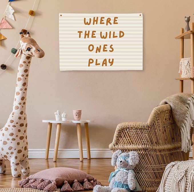 Playroom Rectangular Canvas Banner-Flag Wall Sign Decor for Kids Teen,Playroom Nursery Baby Room Bedroom Living Room Wall Decor-Where the Wild Ones Play-Baby Shower Birthday Christmas Gift