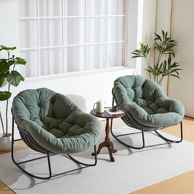 Oversized Outdoor Papasan Rocking Chair Set of 2 with Soft Cushion, Comfy Patio Egg Chair, Wicker Lounge Rocker for Balcony/Porch/Garden, Reinforced All Weather Rattan Frame, Hunter Green