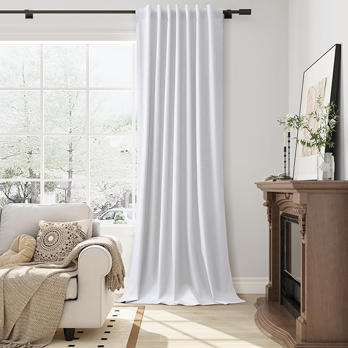 Guken Beige White Linen 100% Blackout Curtains for Living Room Bedroom 102 Inches Long Linen Textured Back Tab Room Darkening Soundproof Heat Blocking Patio Door Nursery Window Curtain 2 Panels 52x102