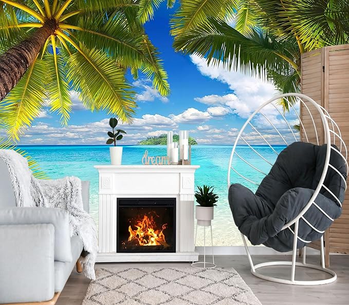 XMPMBM-Beach Palm Tree backsplash Large Decorative Wallpaper Tropical Palm Leaf Bedroom Bathroom Wall Mural- W 132" X H 92"（93 Square Foot）