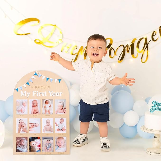 Photos of My First Year Wood Board - Newborn 1 to 12 Months Photo Display,1st Birthday Growth Photos Record Sign,Monthly Milestone Photo Board,Rustic Keepsake Nursery Decorations
