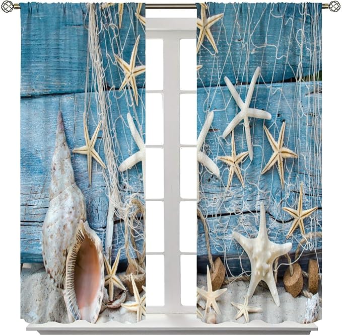 Marine Life Blackout Curtains Watercolor Water Grass Shell Print Curtains for Living Room Bedroom Privacy Curtains 42x45 Inches