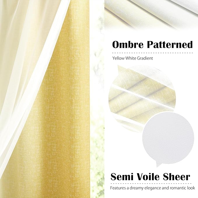 100% Blackout Curtains with Sheer Overlay Mix and Match Double Layer Drapes 84 Inch Long 2 Panels for Bedroom Living Room Yellow White Ombre Grommet Window Treatment with Tiebacks