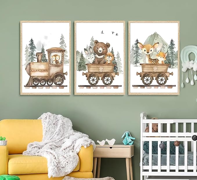 SZHUAAIC 3Pcs Woodland Animal Nursery Canvas Wall art Forest Wildlife Train Adventure Drawing Picture Wall Decor Fox Bear Deer Rabbit Owl Poster Printings for Boys Girls Room Home Decoration Unframed