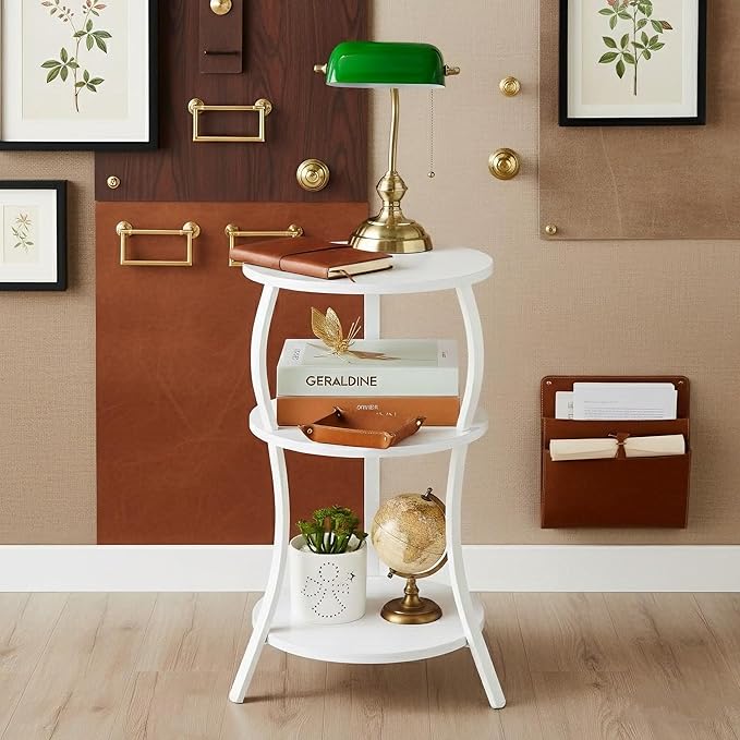 Vintage Small Round Side Table, 3-Tier Slim Waist Circular End Table with Storage Shelf, Compact Tea Sofa Table, Round Corner Coffee Table Nightstand for Living Room Bedroom Small Spaces,White