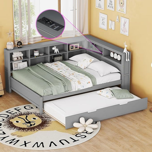 Harper & Bright Designs Full Size Daybed With Trundle and Charging Station, Wooden Storage Bed Frame With L-Shaped Bookcases, Platform Bed With Shelves for Kids Girls Boys, Gray