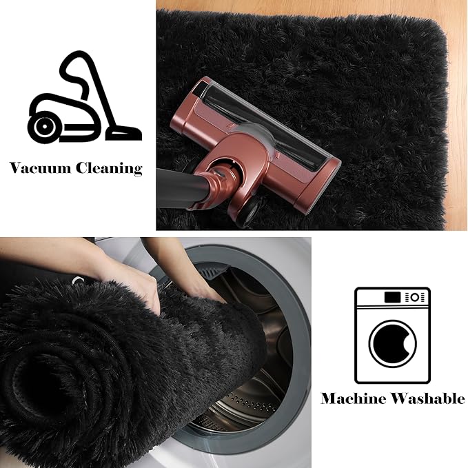 ONASAR Black Area Rugs for Living Room Bedroom, 5x8 Fluffy Shaggy Rug, Washable Soft Plush Large Indoor Floor Carpet for Nursery Kids Girls Boys Teen Dorm Bedside Playroom Home Office Decor Aesthetic