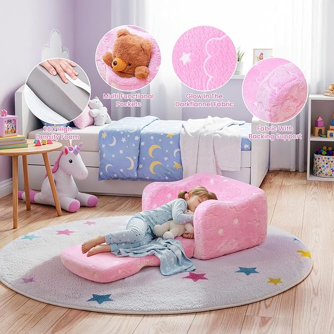 Lamerge 2-in-1 Toddler Couch,Glow in The Dark Baby Floor Bed,Foldable Toddler Chair Kids Sofa for playroom,Convertible Sofa to Lounger for Girls and Boys (Rainbow and Unicorn)