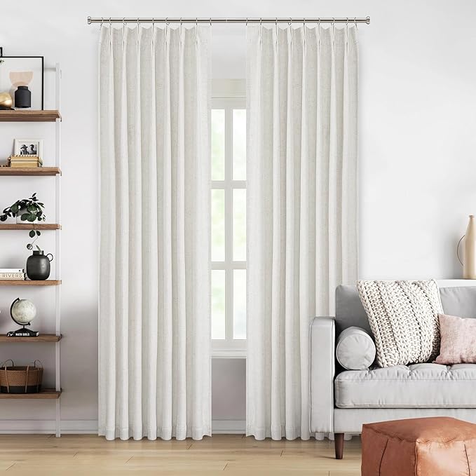 Natural Pinch Pleated Full Blackout Curtains Linen Texture Noise Reducing Window Treatment Panel 84 Inch Long for Living Room Bedroom Thermal Insulated Back Tab Drapes with Hooks, 2 Panel, 40"Wx84"L
