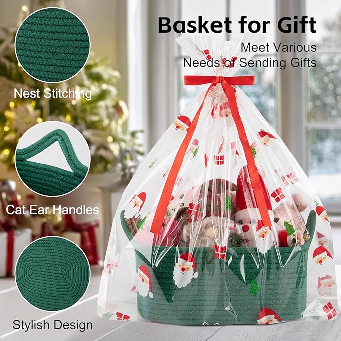 OIAHOMY Woven Basket, Gift Basket Empty with Gift Bags and Ribbons, Rope Baskets for Baby Showers, Storage Baskets with Handles for Nursery, Pet Toy Organizer - Christmas Green
