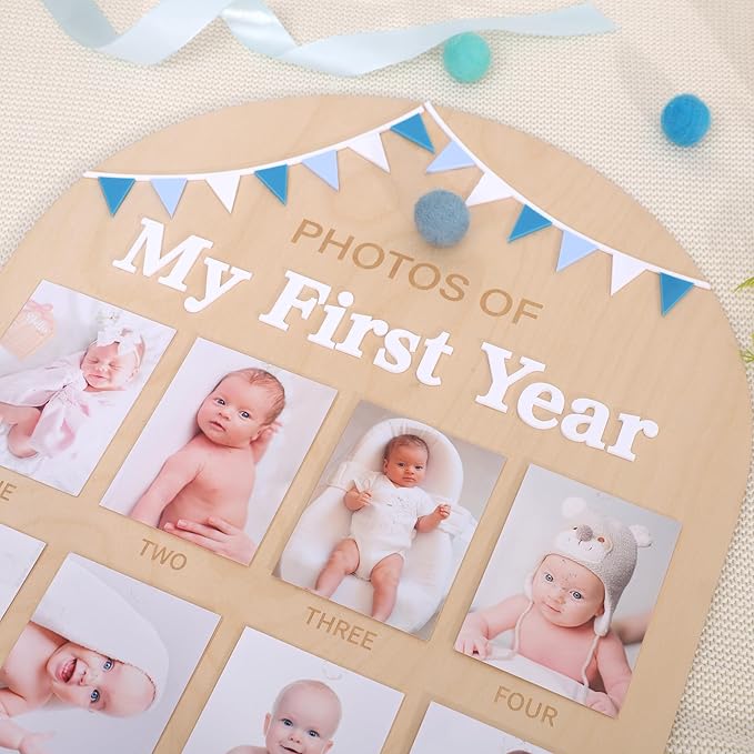 Photos of My First Year Wood Board - Newborn 1 to 12 Months Photo Display,1st Birthday Growth Photos Record Sign,Monthly Milestone Photo Board,Rustic Keepsake Nursery Decorations