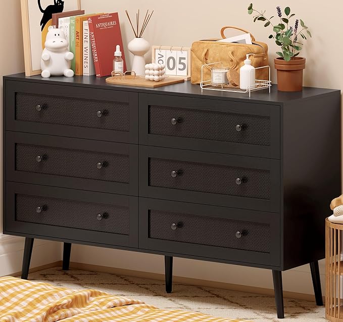 6 Drawer Dresser for Bedroom, 47.3" Rattan Chest of Drawers with Wooden Knobs, Natural Wood Dresser for Closet TV Stand Storage Organizer for Bedroom, Hallway, Office, Black
