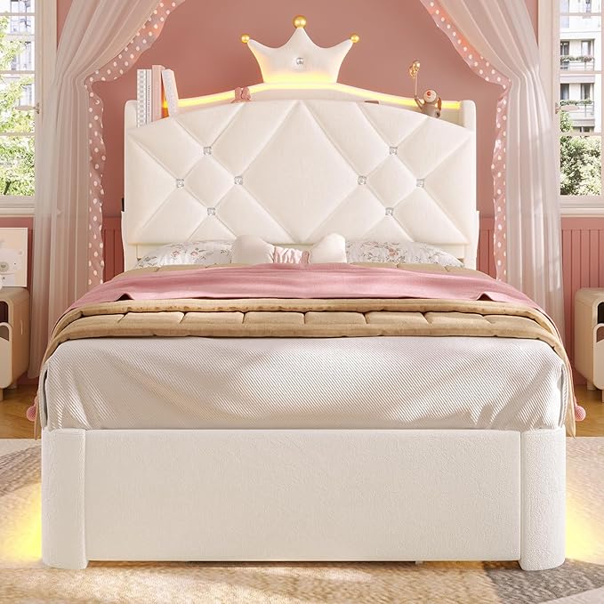 MSmask Twin LED Bed Frame with Storage Headboard & Drawer, Princess Upholstered Bed with Charging Station & Crystal Button & Crown, Velvet Platform Bed for Girls, Solid Wood Slats, Curved Legs, White