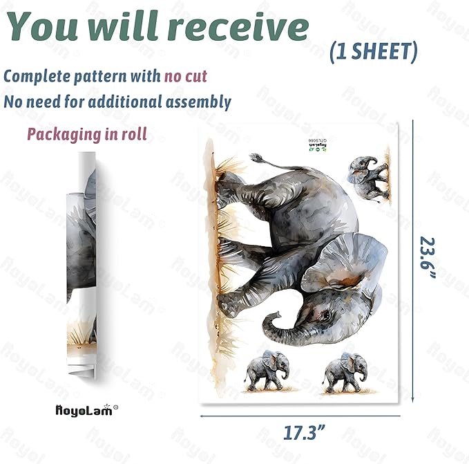 Cute Walking Little Elephant Wall Decal Nursery Animal Wall Sticker Removable Peel and Stick Wall Art Decor for Kid Baby Classroom Preschool Living Room Playroom Bedroom School
