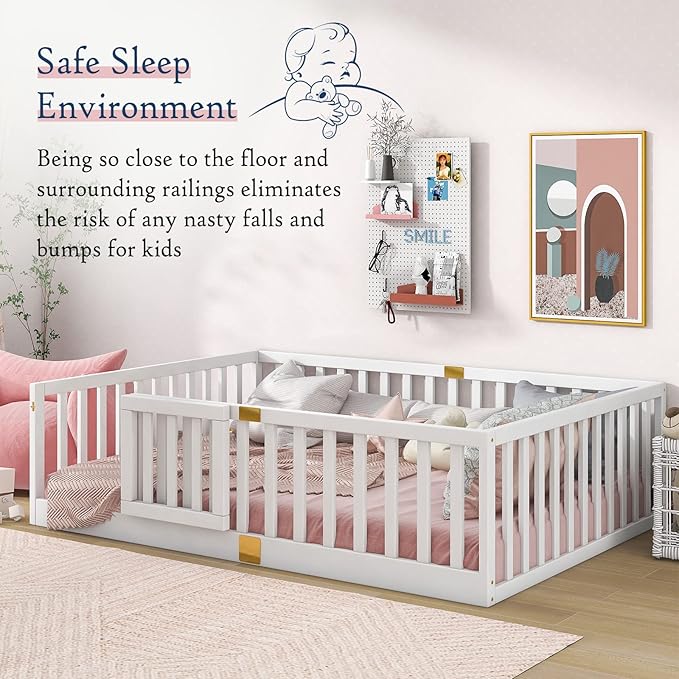 Tatub Full Montessori Floor Bed with High Rails, Solid Wood Montessori Bed Frame for Kids, Door Can Install Left and Right, Full-White