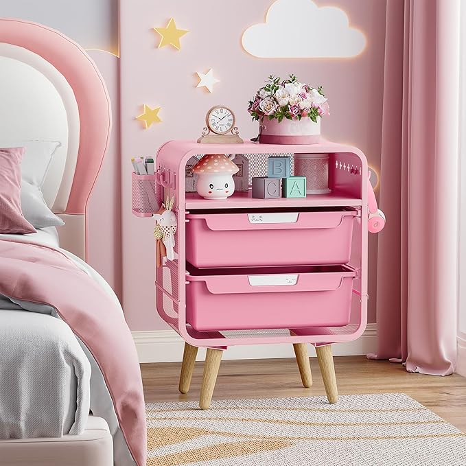 Pink Nightstand,Cute End Table with Storage Drawer,Kids Nightstand for Bedroom Furniture,Bedside Table Small Pink Desk Coffee Table for Living Room, Dorm,Office