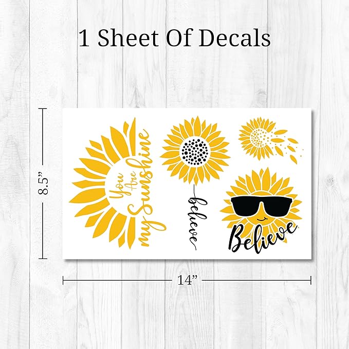 Cheerful Sunflower Wall Decals - Set of 4 Yellow Vinyl Sunflower Stickers for Bathroom Mirror Bedroom Kitchen Dorm Apartment Peel and Stick Home Decor